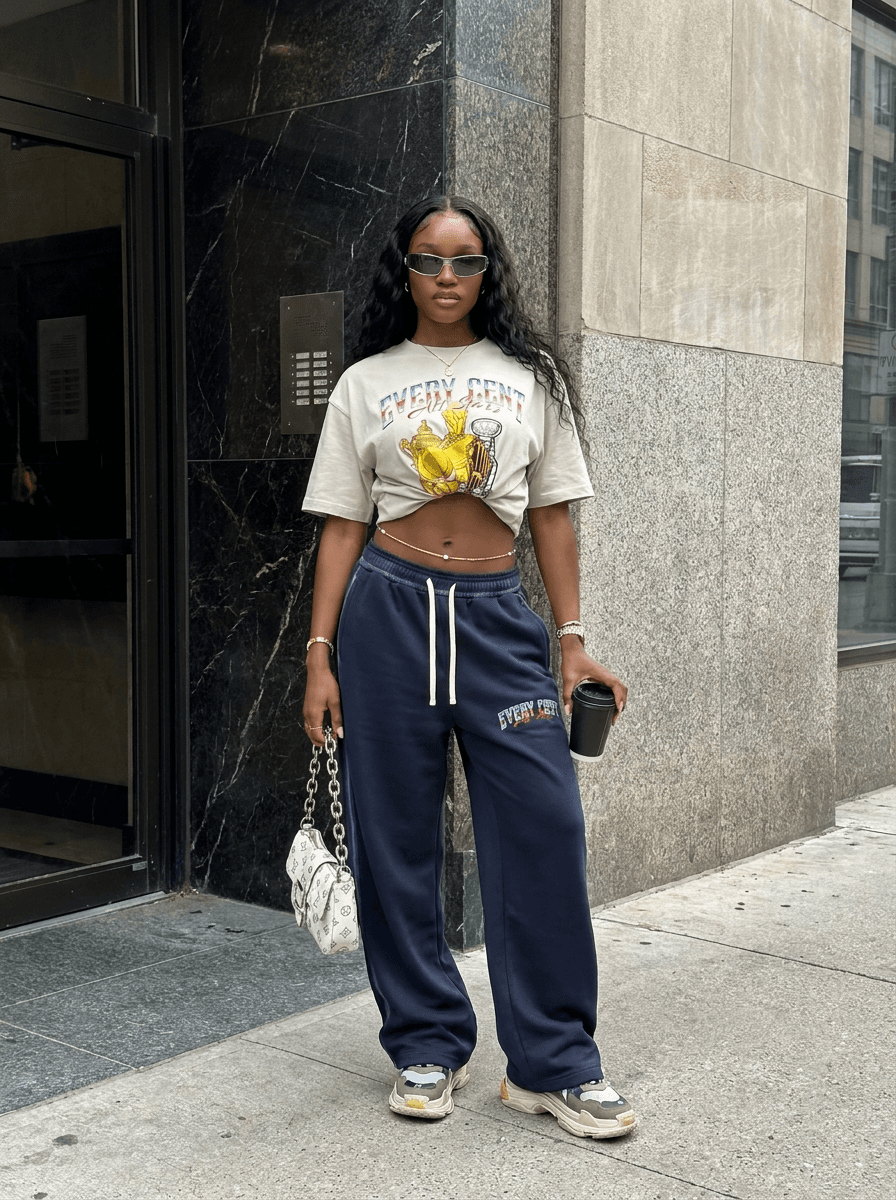 Every Cent All Stars crop tee on a city corner