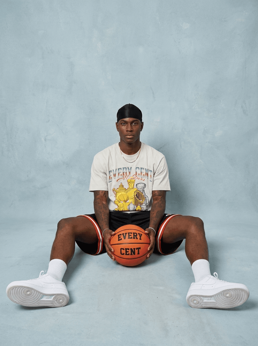 Every Cent All Stars trophy tee, seated with the Every Cent basketball