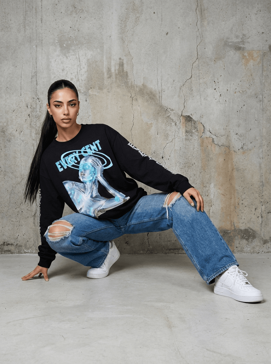Every Cent cyber long sleeve, crouched pose