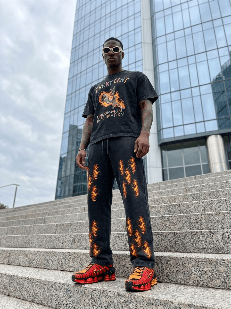 Every Cent flame tee and pants on the stairs