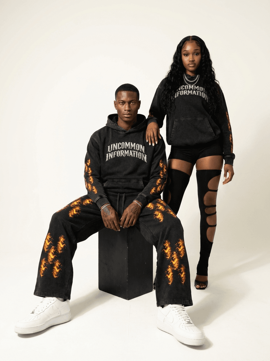Uncommon Information flame hoodie and pants, studio